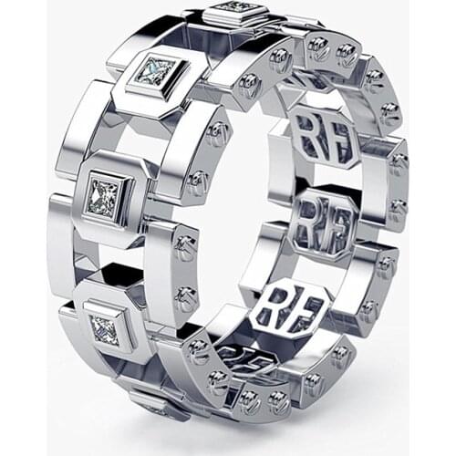 New Fashion Micro Mosaic CZ Crystals RF Square Pattern Nail Design Fancy Gold Plated Wheel Ring For Man Woman