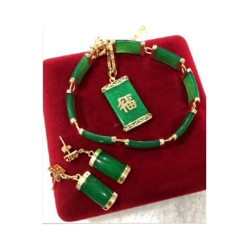 New! womans noblest green jade "Fu" Lucky pendant & earring bracelet jewelry set