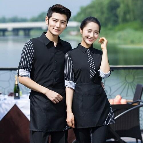Bakery Work Clothing Fall/Winter New Design Adjusted Sleeve Waiter Shirt+Apron Set Cheap Hotel Waitress Striped Uniform for sale