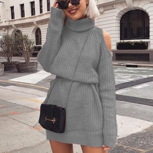 Autumn Winter Womens Turtleneck Sweater Knitted High Collar Strapless Shoulder Sweater Dress Pullover Slim Jumper Sweater Women