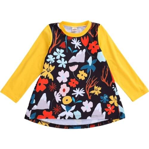 Children Kid Baby Girls Floral Print Dress Infant Toddler Kids Long Sleeve O Neck Patchwork Loose A Line Casual Dresses 6M-5Y