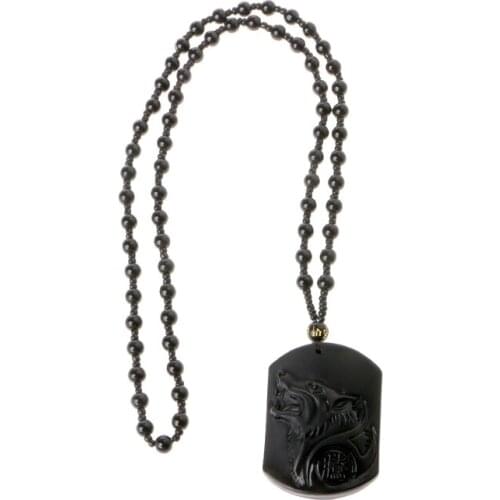 Hand Carved Natural Genuine Obsidian Howling Wolf Head Amulet Pendant Necklace