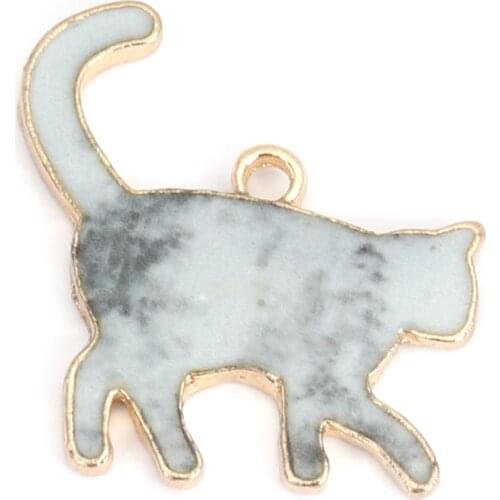 Doreen Box Fashion Zinc Based Alloy Charms Cat AnimalGold Metal White/Gray Enamel/Green Pendants DIY Jewelry 21mm x 20mm, 10 PCs