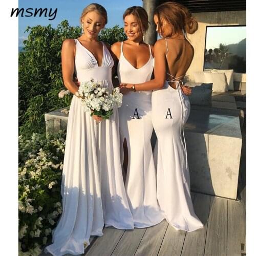 Simple White Long Bridesmaid Dresse Deep V Neck Sleeveless Sexy Open Back Wedding Guest Dress Maid of Honor Gowns