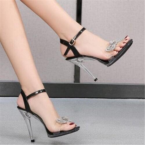 Transparent PVC Womens Shoes Fish Mouth Bows Rhinestones Decorated Sandals Female Stilettos Sexy Party Dress Crystal High Heels