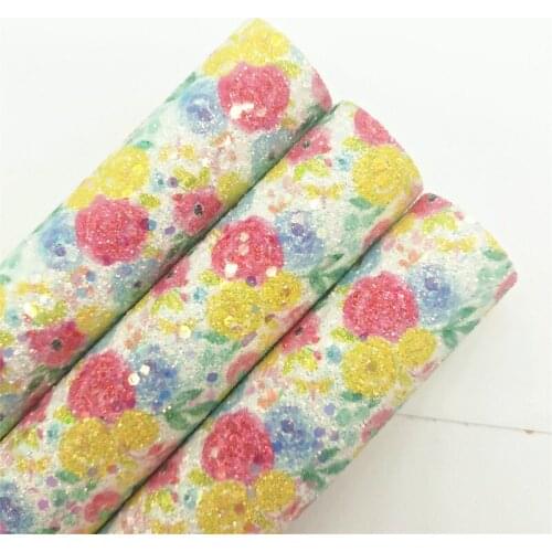 Rose Flowers Printed on Iridescent Chunky Glitter Vinyl Fabric Sheet Felt Backing Synthetic Leather Faux Vinil DIY A4 SIZE 6S02A
