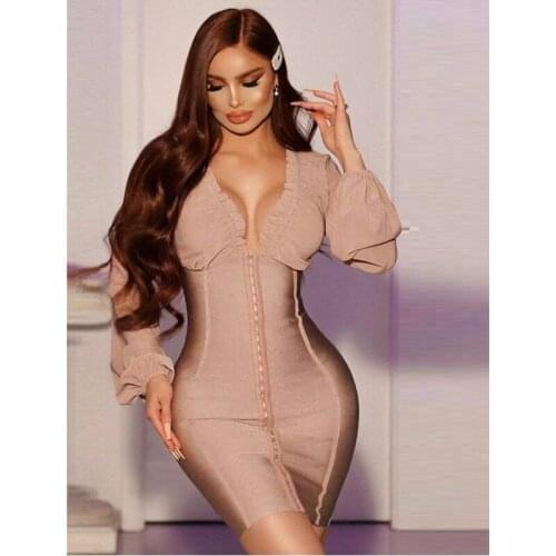 Pink Sexy V Neck Ruffles Long Sleeve Women Casual Bodycon Mesh Patchwork Dress Femme Vestidos Banquet Party Robe Club 2021 F2309