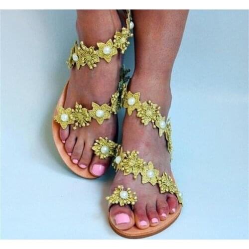 New toe flower flat sandals womens gold large beach sandals tourist shoes women slippers