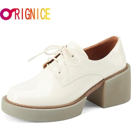 Orignice Designers 2021 New Spring Autumn Women Thick High Heels Lace Up Platform Pumps Patent Leather Round Toe Wild Shoes
