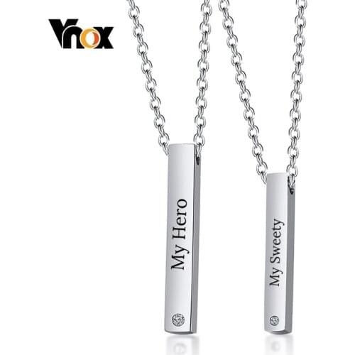 Vnox Free Customize Engraving Couple Necklace for Women Men ID Tag Bar Pendant Stainless Steel Lover Jewelry Personalized Gift