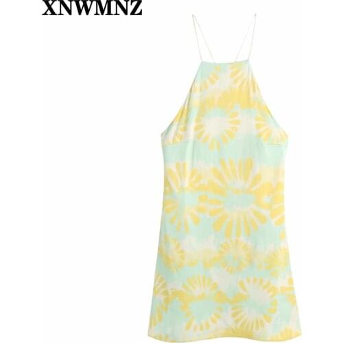 XNWMNZ 2021 Women Print Hatler Camisole Mini Dress Ladies Sexy Backless Cross Straps Female Dresses Beach Style Vestidos Mujer