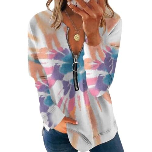 Women Tie-dye printing V Zipper Shirts Long Sleeves Casual T-shirts Spring Autumn Pullovers Tops Womens Clothing blusas mujer