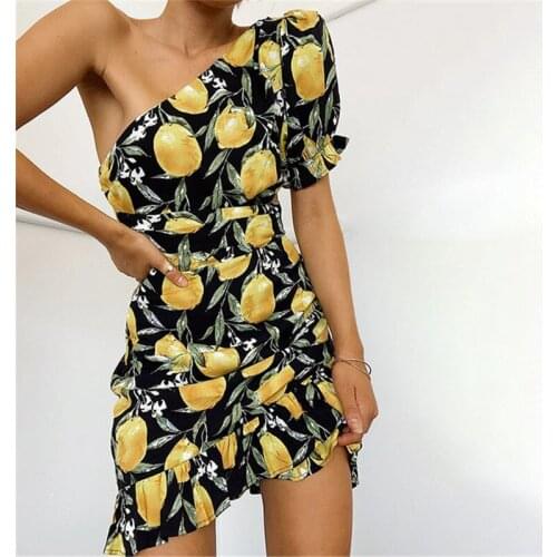 Sexy lemon printed one shoulder oblique collar irregular dress 2021 Summer waist hollow out beach dress Casual robe femme