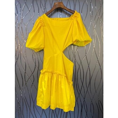 Hollow Out Sexy Dress 2021 Summer Party Club Ladies Puff Sleeve Ruffle Patchwork Casual White Yellow Dress Sexy Above Knee