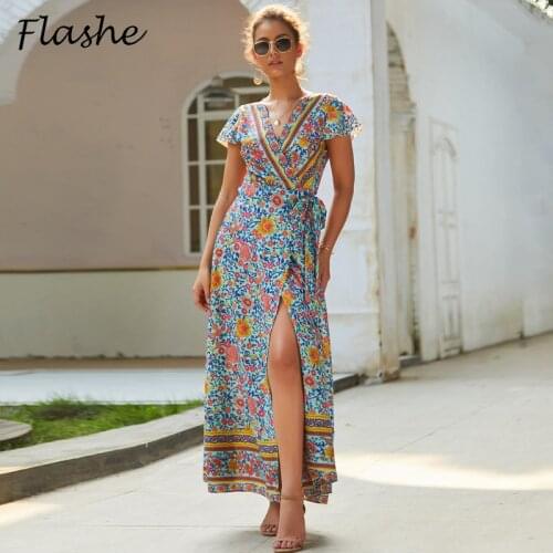 Womens Summer Leisure Holiday Print Sexy Dress Womens V-Neck High Waist Dress Womens Lower Body Split Sexy Dress