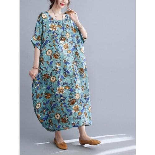 Thin Soft Cotton Linen Loose Summer Beach Style Dress Print Floral Vintage Chic Dress Women Holiday Travel Casual Midi Dress