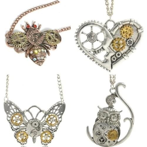 2021 Steampunk Heart Shaped Mechanical Gear Pendant Necklace Vintage Insect Bee Butterfly Owl Clavicle Chain Vintage Jewelry