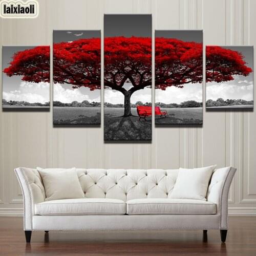5D DIY Diamond Painting 5 Panel red Big Tree Red Chair Diamond Embroidery Rhinestones Full Square Round Drill Diamonds Mosaic