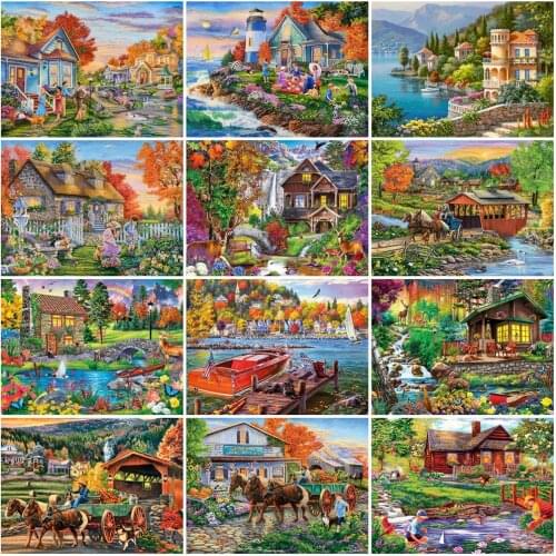 Huacan 5D Diamond Painting With Square Rhinestones House Diamond Embroidery Mosaic Landscape Needlework Home Supplies