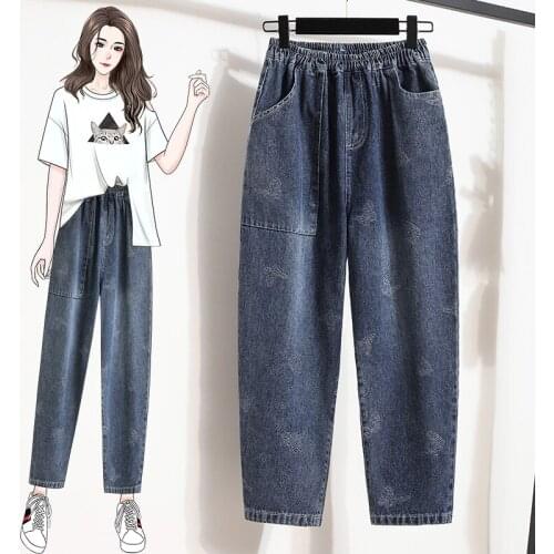 Elastic Waist Printed Haroun Plus Large Size Oversize Korean Vintage Clothes WomenS High Waist Trousers Fashion Jeans Pants