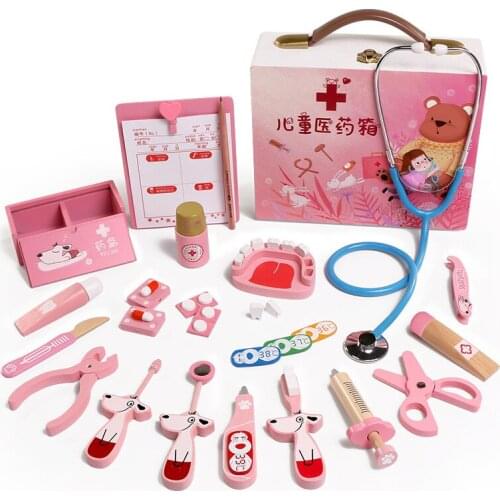 Childrens wooden simulation Pretend Play toy Doctor toy nurse injection Game Medicine Box