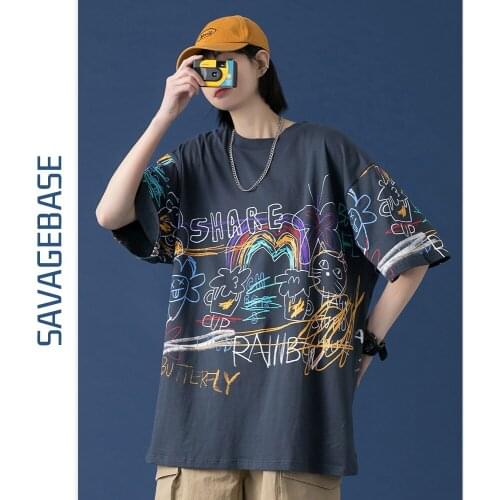 Top Hip-hop Graffiti Short-sleeved T-shirt Women Loose Round Neck Half-sleeved T-shirt Shirt For Men And Women Oversized T-shirt