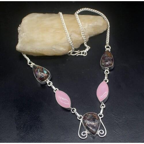 Gemstonefactory Jewelry Big Promotion 925 Silver Ocean Jasper Rose Quartz Lovely Ladies Women Chain Necklace 46cm 202101686