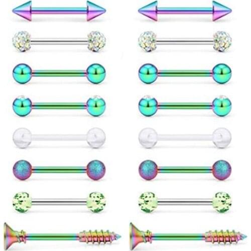 JFORYOU 14Pcs-16Pcs Nipple Tongue Ring Stainless Steel Nipplerings Nipple Barbell Bar Piercing Jewelry Cubic Zirconia 14 Gauge