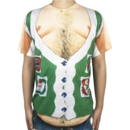 Tacky Hairy Chest Ugly Christmas T Shirt for Men Funny Mens Fake Cardigan 3D Print Polyester Short Sleeve Ugly Xmas Tshirts