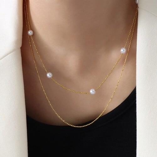 Trendy Gold Plated Stainless Steel Multi-layer Beads Chain Necklaces For Women Accessories, Simulated Pearl Necklace Jewelry