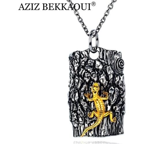 AZIZ BEKKAOUI Mens Titanium Steel Necklace Stainless Steel Pendant Mens Titanium Steel Tag Lizard Forged Pendant For Male
