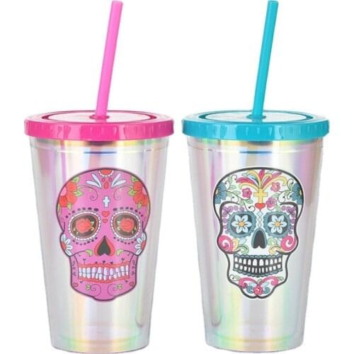 Double wall 16oz 473ml plastic skull skeleton mug halloween tumbler with straw for halloween tumblers