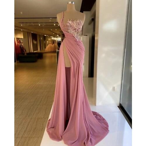 One Shoulder Pink Satin Lace Formal Evening Dresses 2021 Plus Size Front Slit Pageant Prom Gowns For African Women Plus Size