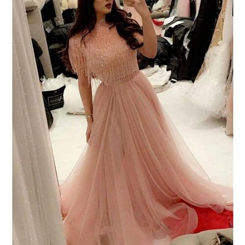 Pink prom dresses 2020 tassel beading tulle floor length evening dresses vestido de formatura formal dresses gowns
