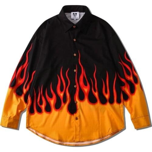 Autumn New Mens Fashion Flame Print Shirts Korean Style Long Sleeve Loose Oversized Shirt For Man Casual Couple Ropa Navidad
