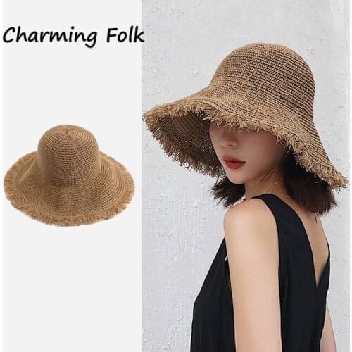 2021 NEW Hat woman summer straw hat woman folding outdoor sunshade hat furry edge hollowed beach hats women fashion elegante cap