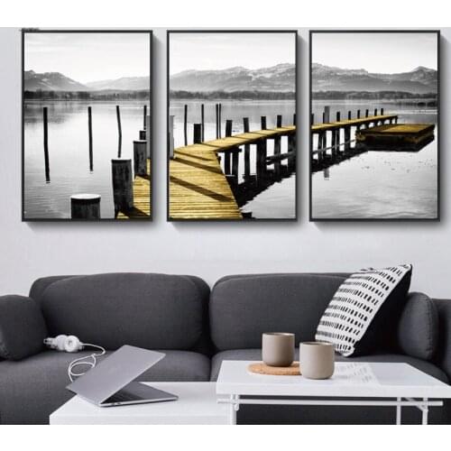 Nordic Poster Landscape Gold Lake Wall Art Canvas Painting Home Decorative Pictures Poster And Print Wall Art For Living Room
