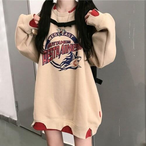 Womens Sweatshirt Cartoon Printed Long Sleeve Crew Neck Ripped Oversize Pullovers High School e-Girl Outfit