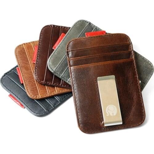 High QualitId Men Wallets Credit card holder Automatic card sets retro Genuine Leather wallet card sets cash metal clip holder