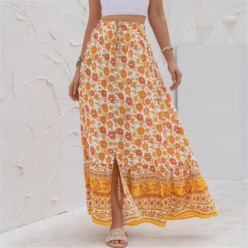 DAILOU 2021 New Long Skirts Women Floral Print High Waist Split Skirt Summer Casual Bohemian Skirt Female Sweet Holiday Bottoms