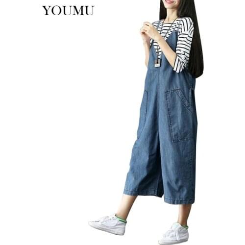 Womens Cotton Jeans Suspender Trousers Loose Loose Tie Harem Pants Solid Color Pocket Casual Overall Jeans Jumpsuit 223-388