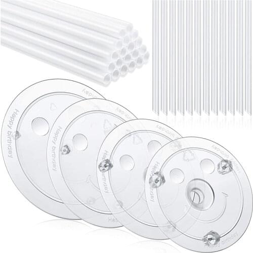 20 Pieces White Plastic Cake Sticks Support Rods with 4 Pieces Cake Separator Plates Cakes and 12 Pieces Clear Cake