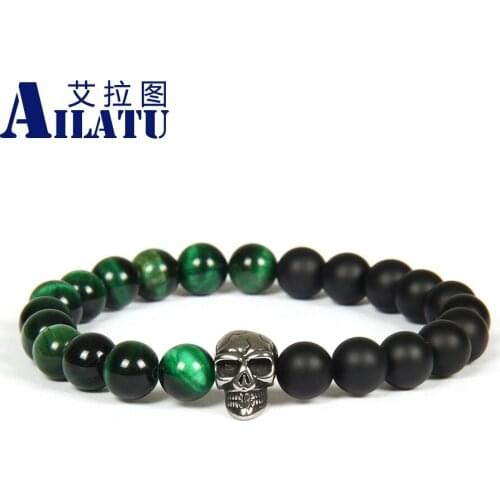 Ailatu Wholesale 10pcs/lot8mm Natural Matte Onyx and Multicolor Tiger Eye Stone Bead with Stainless Steel Skull Bracelet