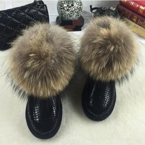 Fashion Natural Big Fox Fur Snow Boots for Women Genuine Cowhide Leather Warm Winter Boots Female Ankle Boots Shoes