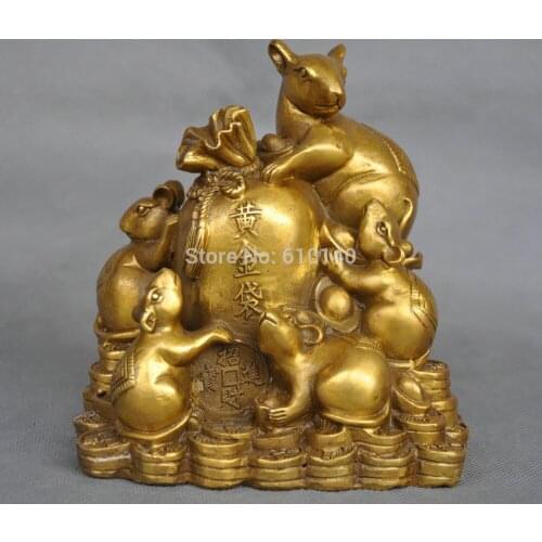 5'' CHINA ZODIAC FIVE RAT MOUSE MONEY COIN BAG BRONZE STATUE