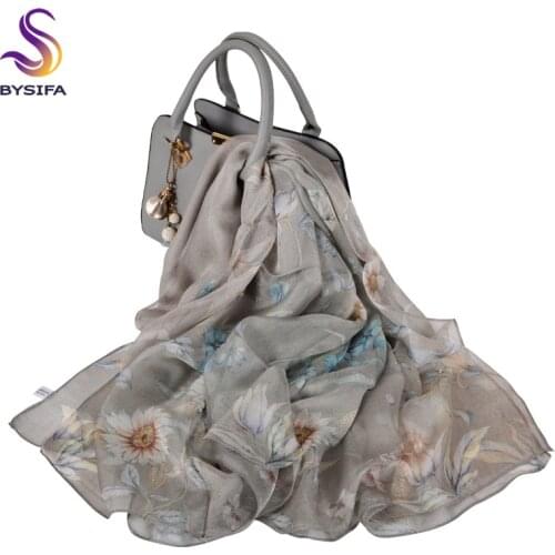[BYSIFA] Grey 100% Silk Scarf Shawl Fashion Daisy Design Long Scarves Women Summer Utralong Beach Shawl Winter Scarves180*110cm