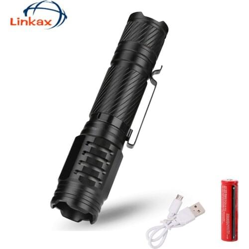 Mini Black Aluminium alloy T6 Flashlight With USB Cable 18650 Battery Convex lens Torch Clip Camping Flashlight