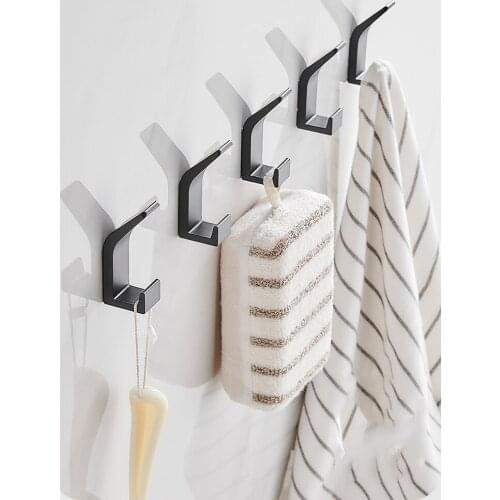 No Drilling Double Hook Black White Towel Hook For Bathroom Clothes Coat Hook Bedroom Robe Hook Livingroom Kitchen Accessories
