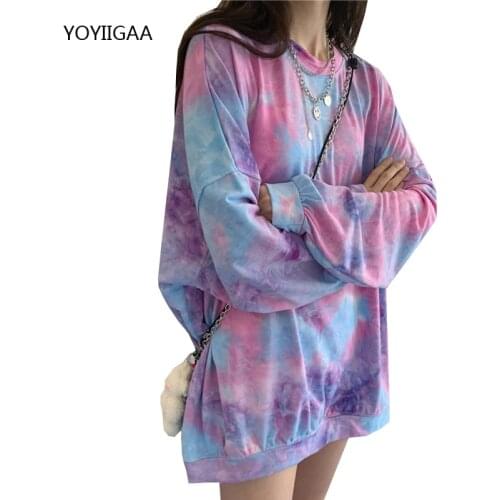 Tie Dye Print Woman T Shirt Harajuku Oversize Tshirt Female Tee Tops O-neck Long Sleeve Women T-shirt Spring Autumn Lady Clothes