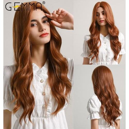 GEMMA Long Body Wave Red Brown Copper Synthetic Wigs for Women Afro Natural Middle Part Cosplay Fake Hair High Temperature Fiber